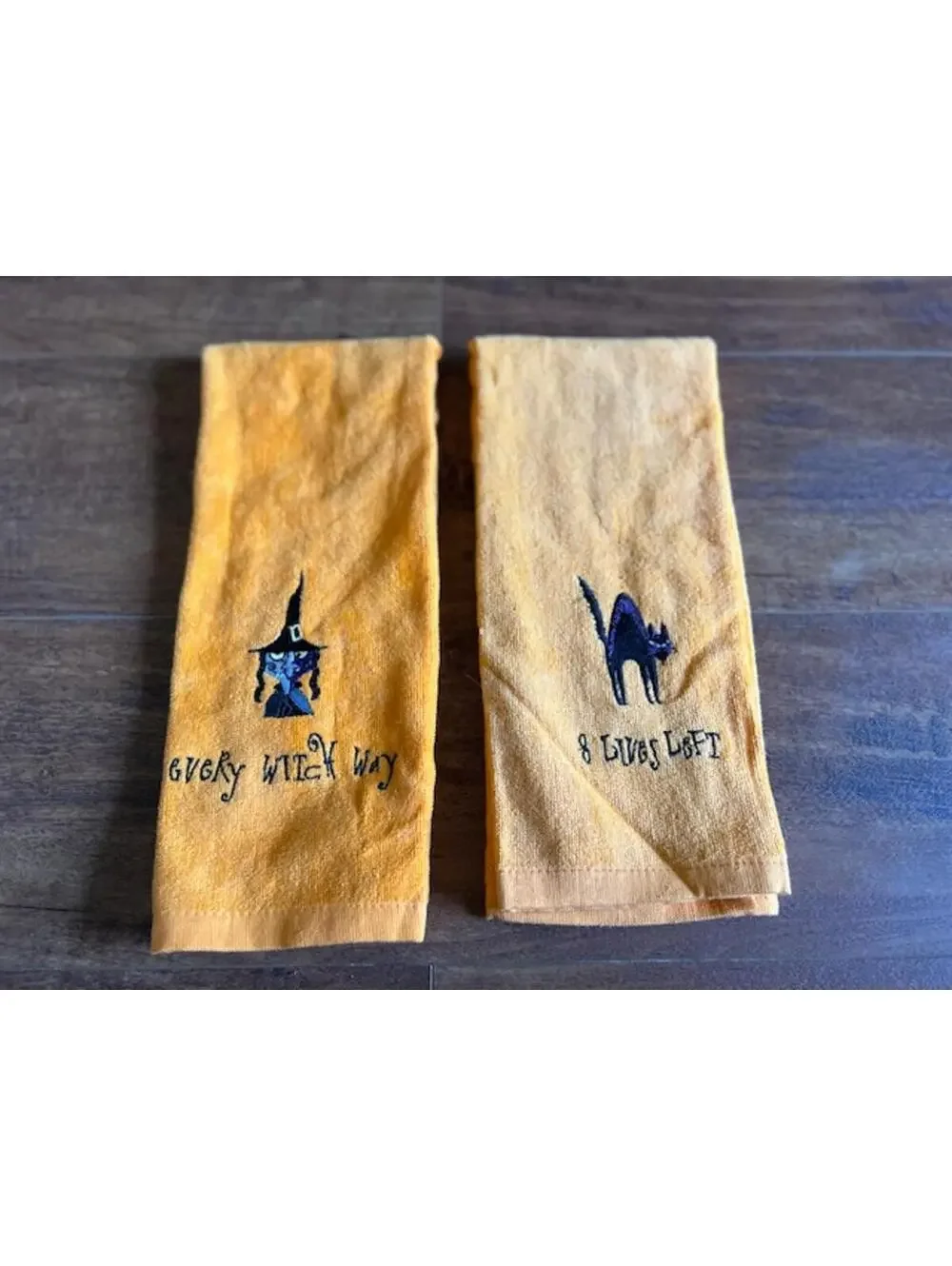 Halloween Themed Kitchen Towels Set of 2 - Witch and Black Cat Embroidery